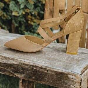 Beige 'Eileen' Women's Croc Embossed Vegan Leather Heel